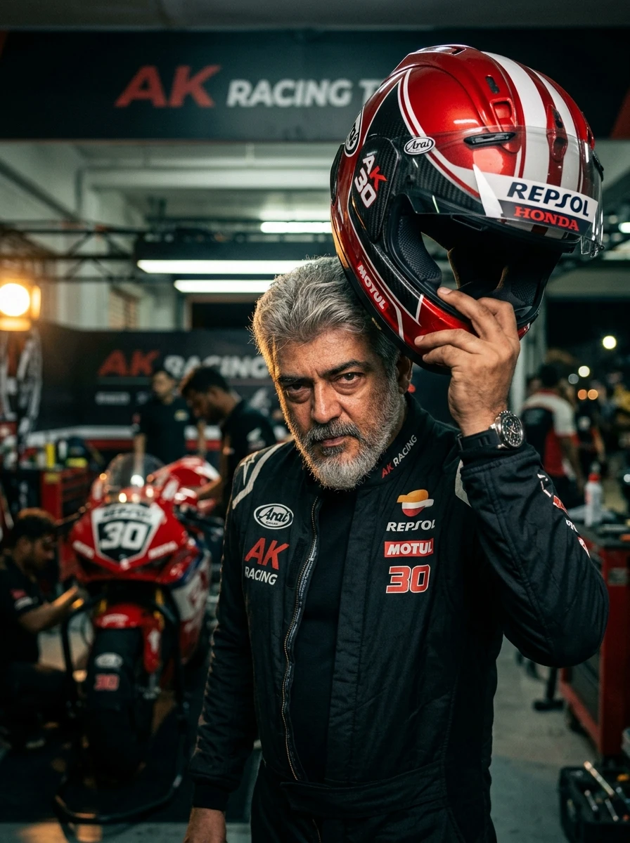 Ajith lifting helmet up